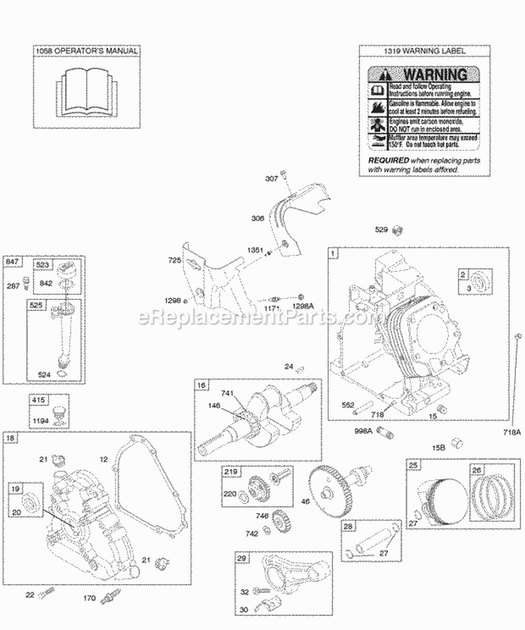 Camshaft Crankcase Cover Crankshaft Cylinder Lubrication OperatorS Manual PistonRingsConnecting Rod Warning Label Diagram and Parts List for 20E414-0162-E1  Briggs and Stratton Engine